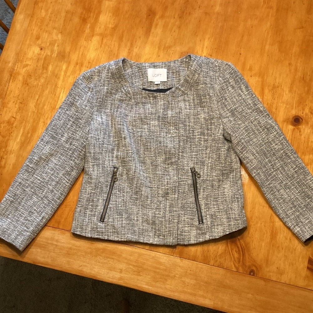 Ann Taylor LOFT Womens Black White Tweed Moto Jacket Size 6 Zip Front Cropped - Picture 11 of 11